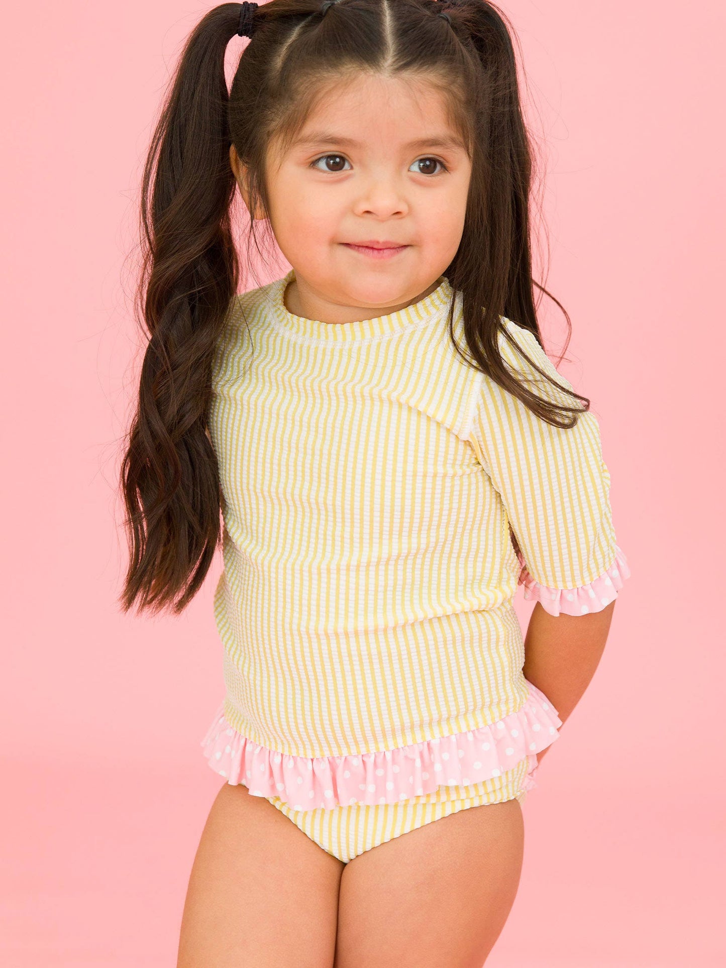 RuffleButts + RuggedButts - Girls Banana Seersucker Short Sleeve Ruffle Rash Guard 2-Piece Swimsuit with Signature Rear Ruffles
: Yellow / 6