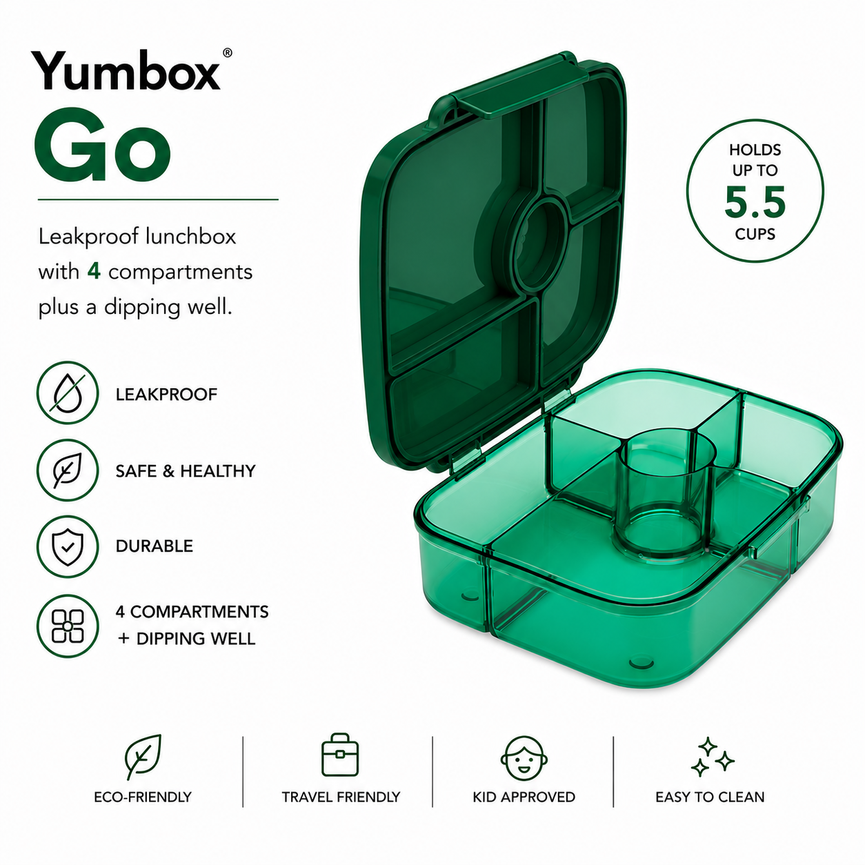 Yumbox - Yumbox Go Leakproof Bento Lunch Box – 5 Compartment, 5.6 Cup: Lima Green