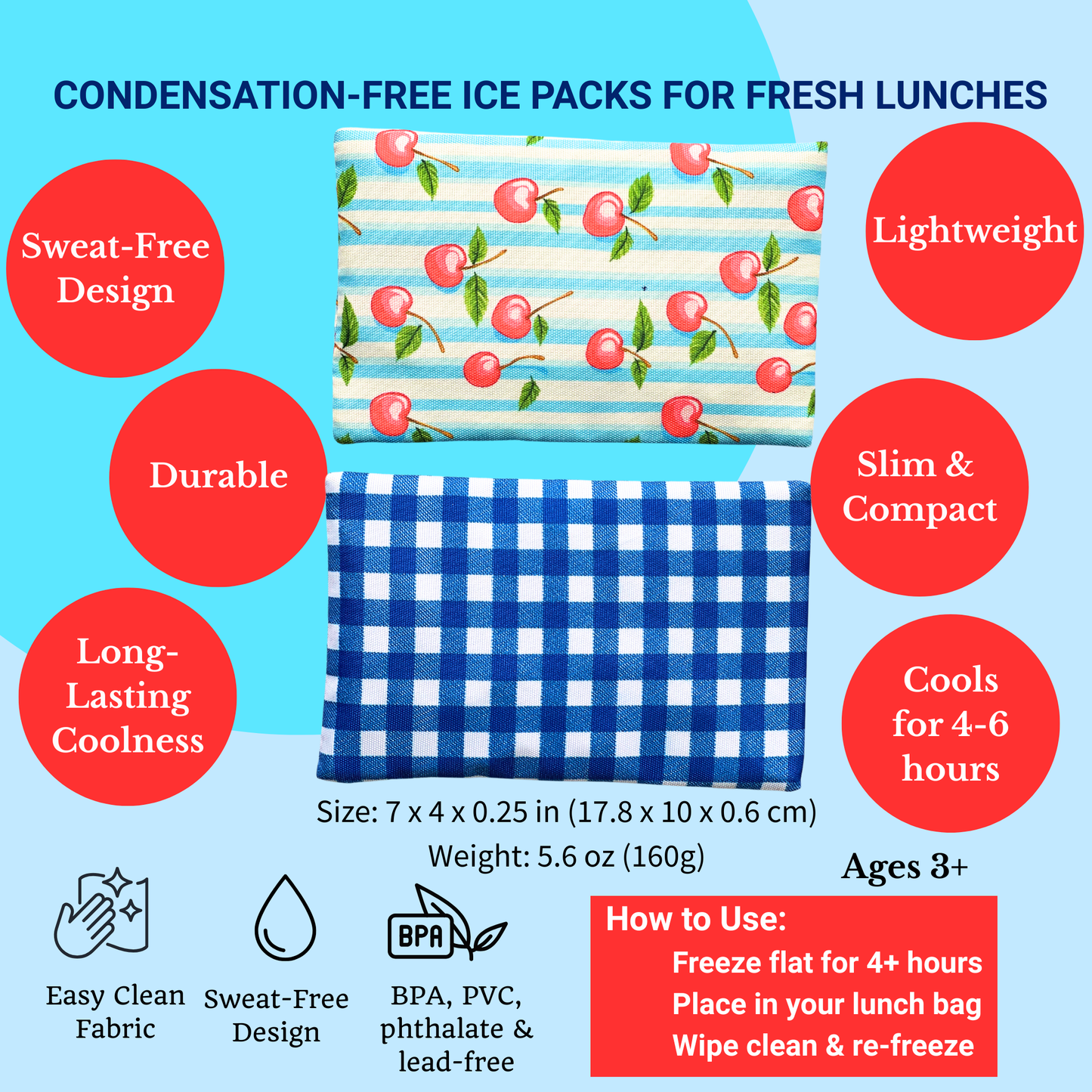 Yumbox - Gel Ice Packs in Fabric Sleeves 2-Pack - Vichy & Cherries