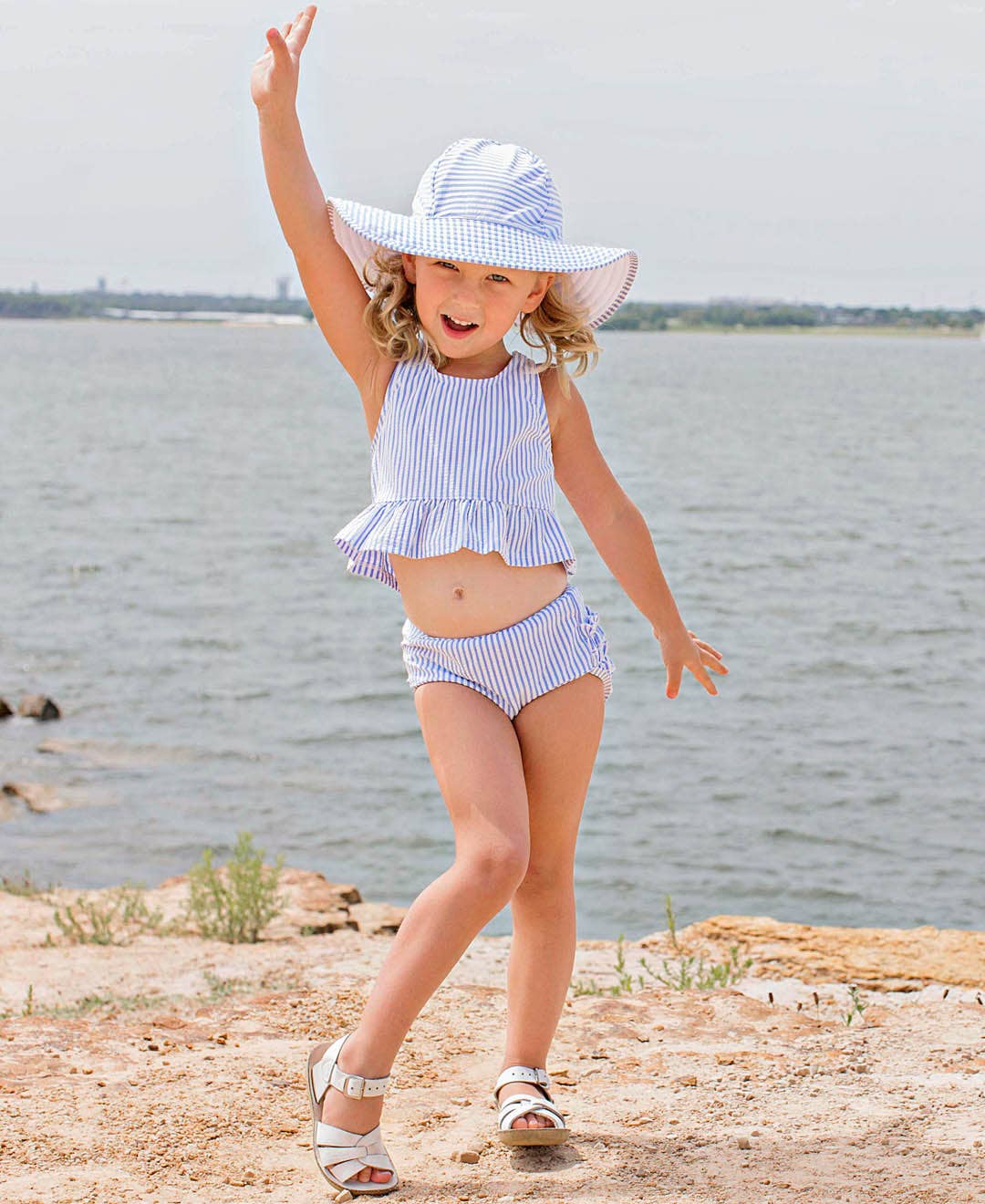 RuffleButts + RuggedButts - Girls Periwinkle Blue Seersucker Peplum Tankini 2-Piece Swimsuit with Signature Rear Ruffles: 3T