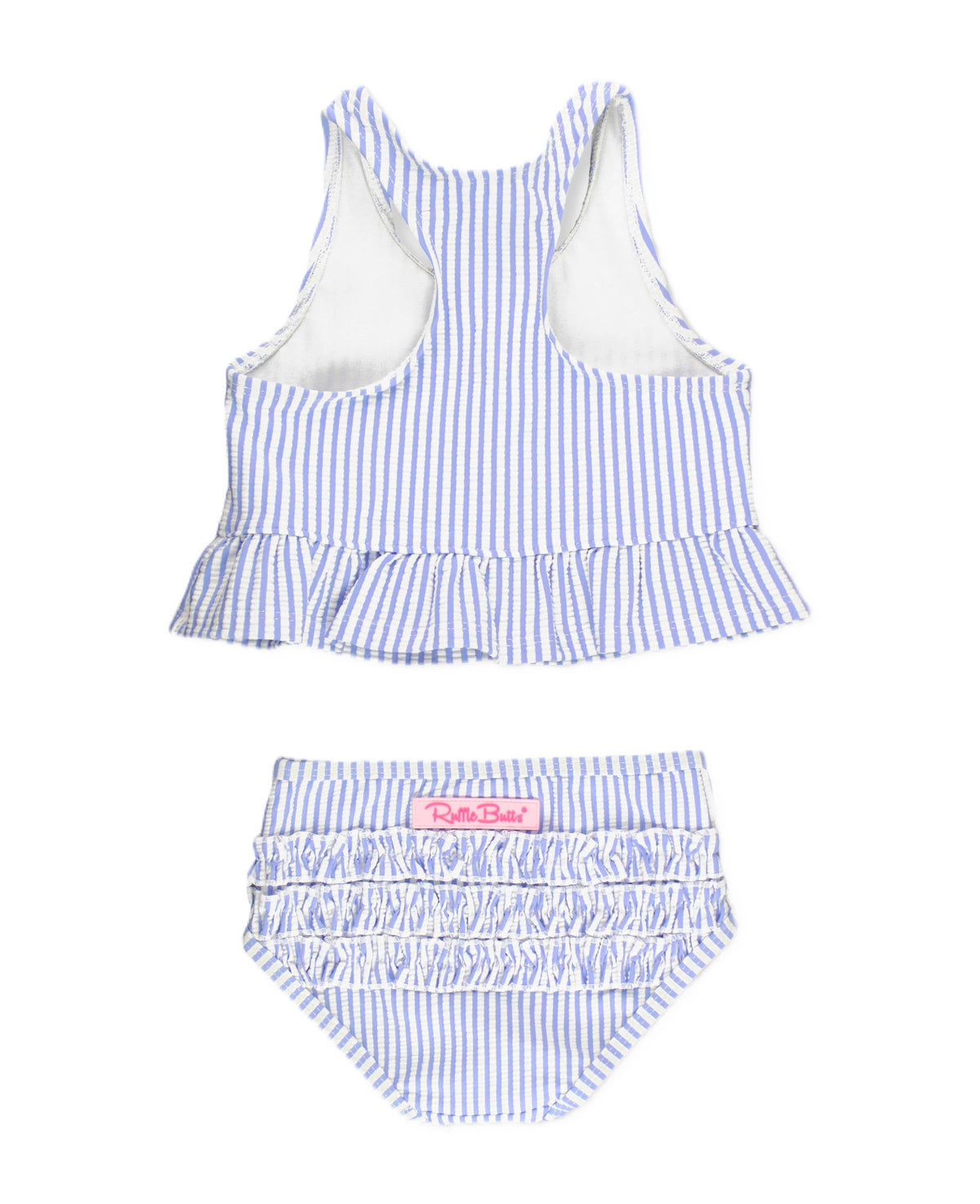 RuffleButts + RuggedButts - Girls Periwinkle Blue Seersucker Peplum Tankini 2-Piece Swimsuit with Signature Rear Ruffles: 3T
