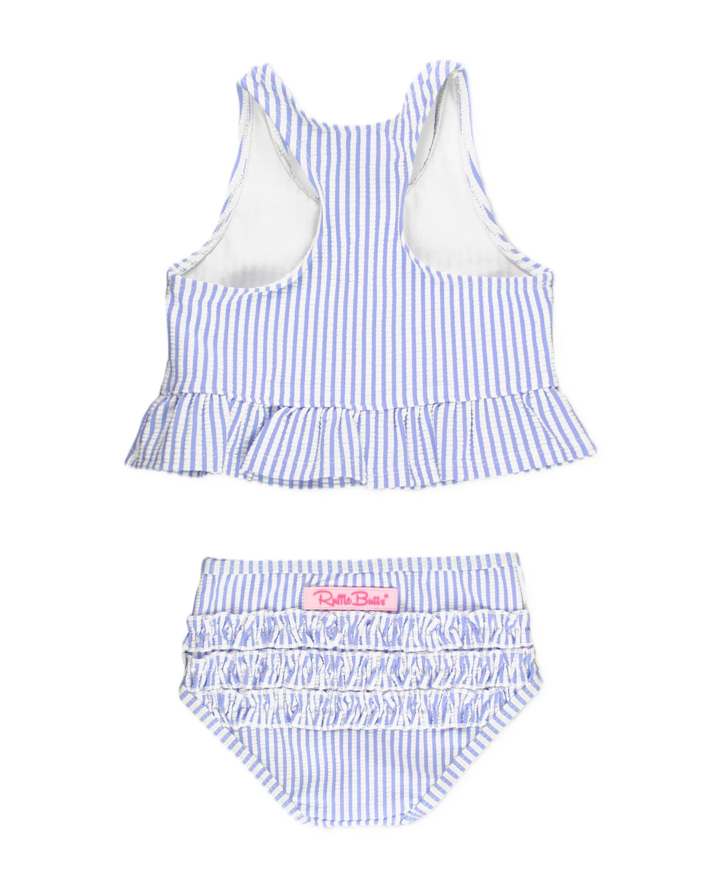 RuffleButts + RuggedButts - Girls Periwinkle Blue Seersucker Peplum Tankini 2-Piece Swimsuit with Signature Rear Ruffles: 3T
