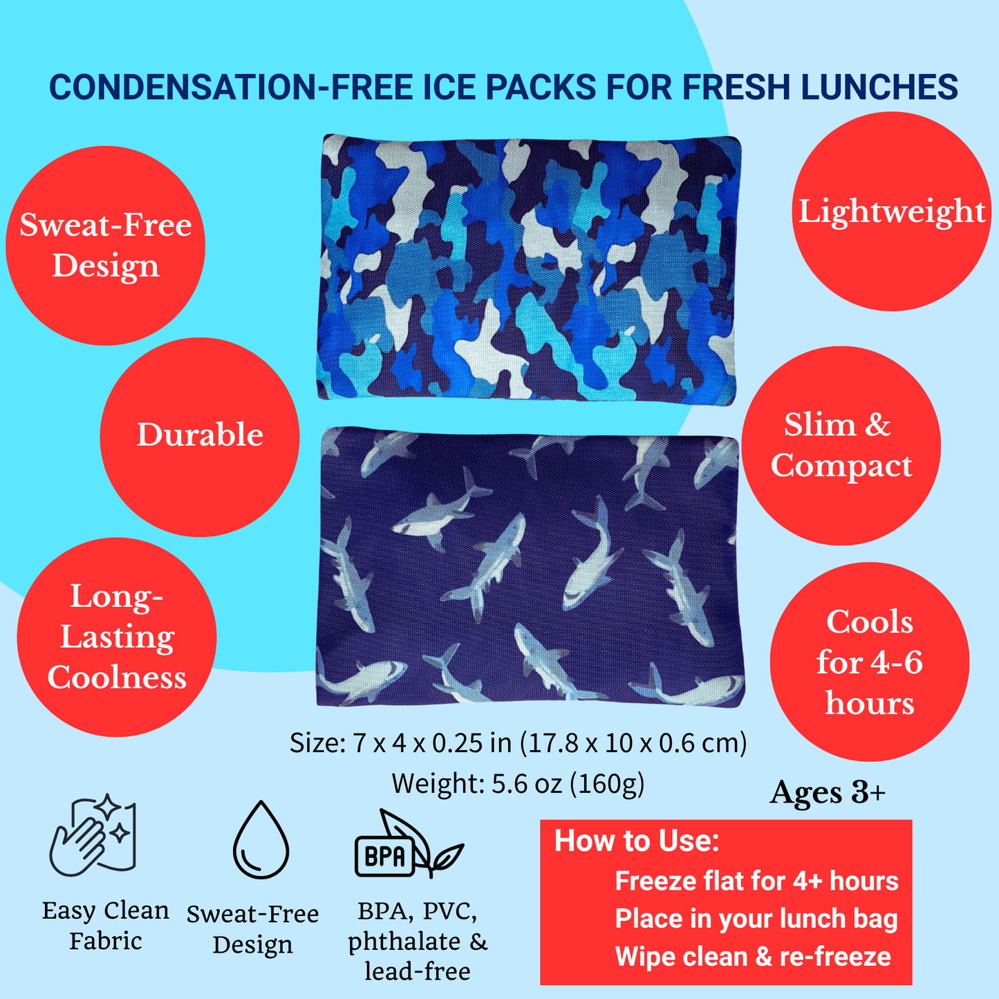 Yumbox - Gel Ice Packs in Fabric Sleeves 2-Pack - Sharks & Camouflage
