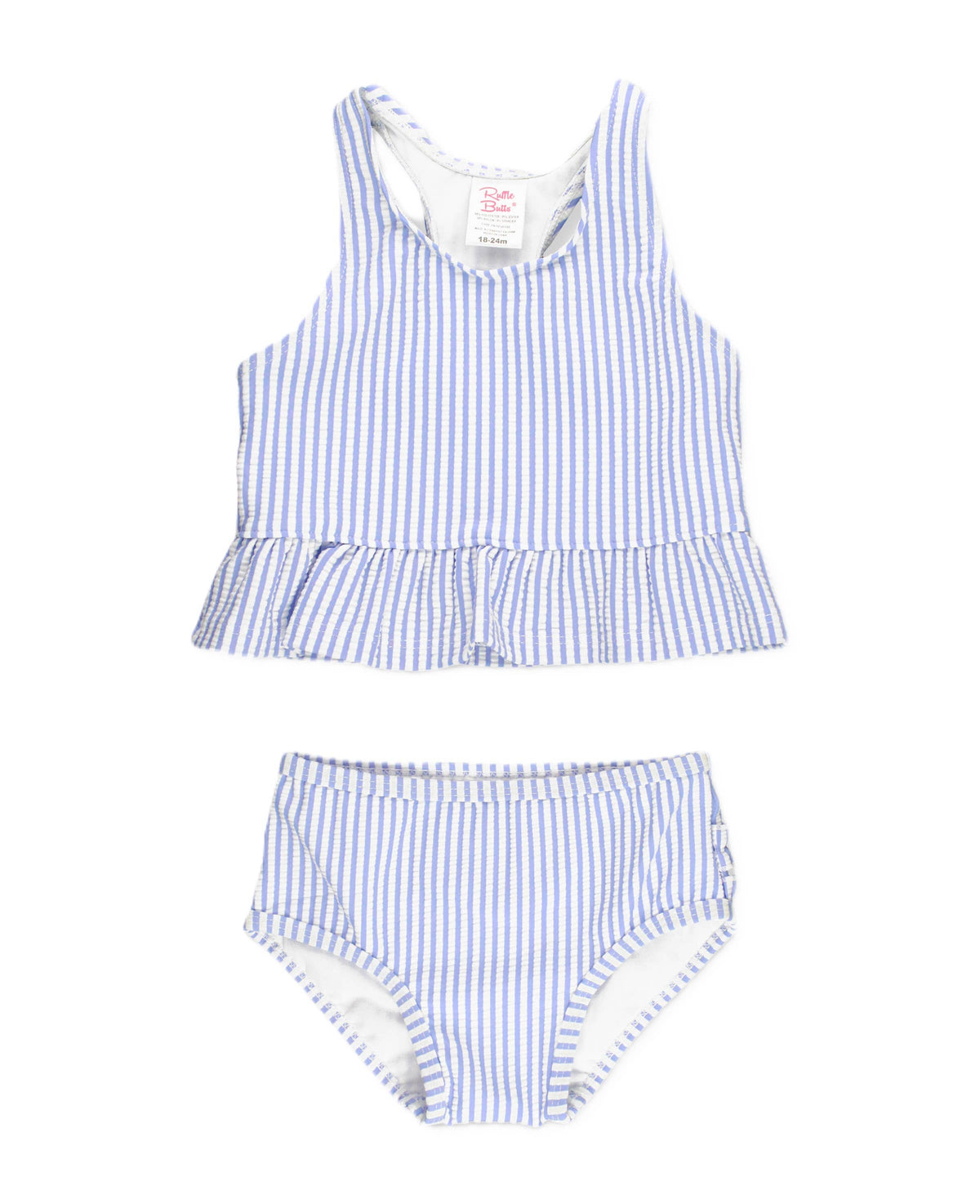 RuffleButts + RuggedButts - Girls Periwinkle Blue Seersucker Peplum Tankini 2-Piece Swimsuit with Signature Rear Ruffles: 3T