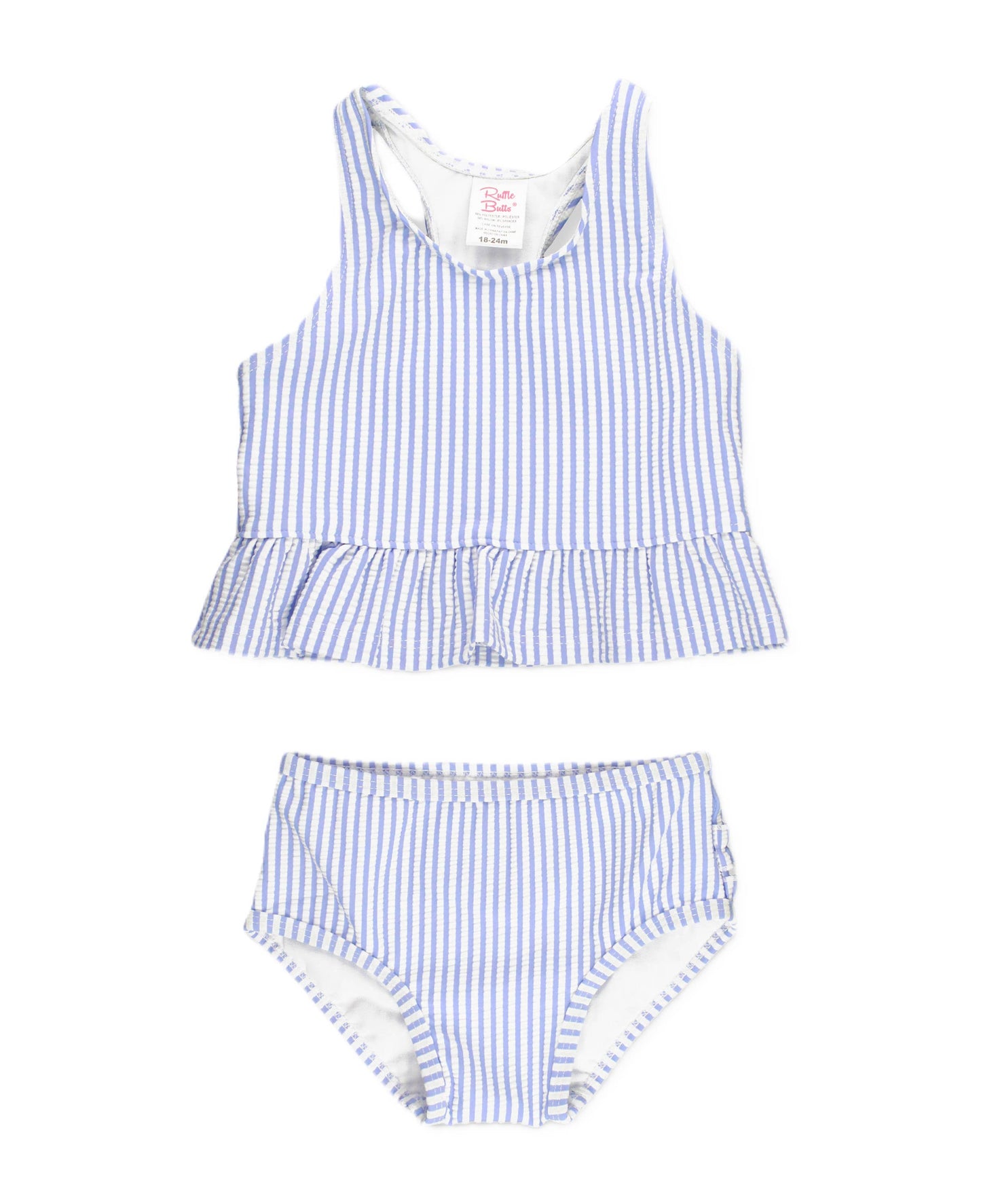 RuffleButts + RuggedButts - Girls Periwinkle Blue Seersucker Peplum Tankini 2-Piece Swimsuit with Signature Rear Ruffles: 3T