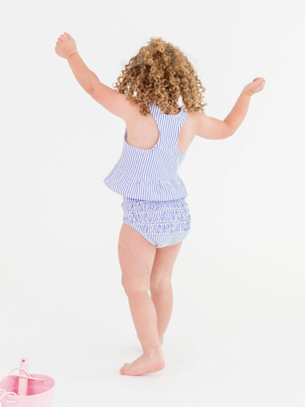 RuffleButts + RuggedButts - Girls Periwinkle Blue Seersucker Peplum Tankini 2-Piece Swimsuit with Signature Rear Ruffles: 3T