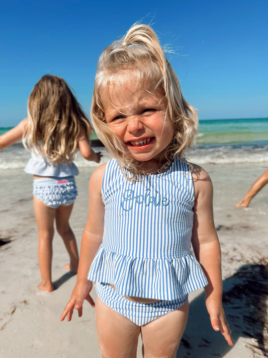 RuffleButts + RuggedButts - Girls Periwinkle Blue Seersucker Peplum Tankini 2-Piece Swimsuit with Signature Rear Ruffles: 3T