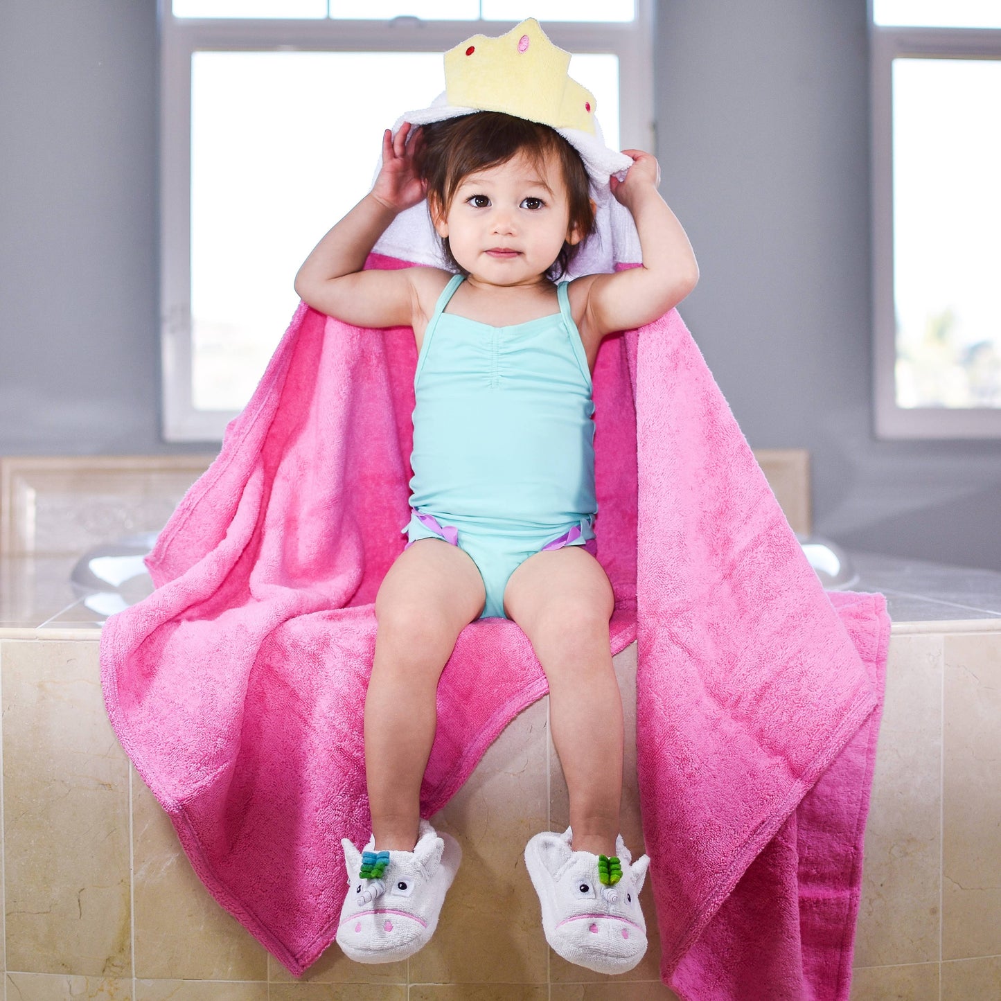 Yikes Twins - Pink Princess hooded towel for toddlers ages 2 to 8 years