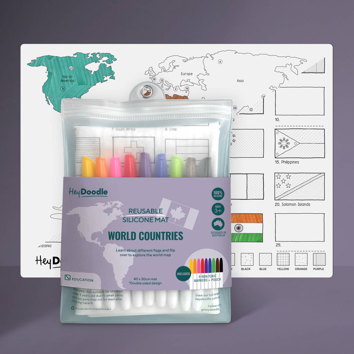 HeyDoodle - World Countries Classic Coloring & Doodle Mat