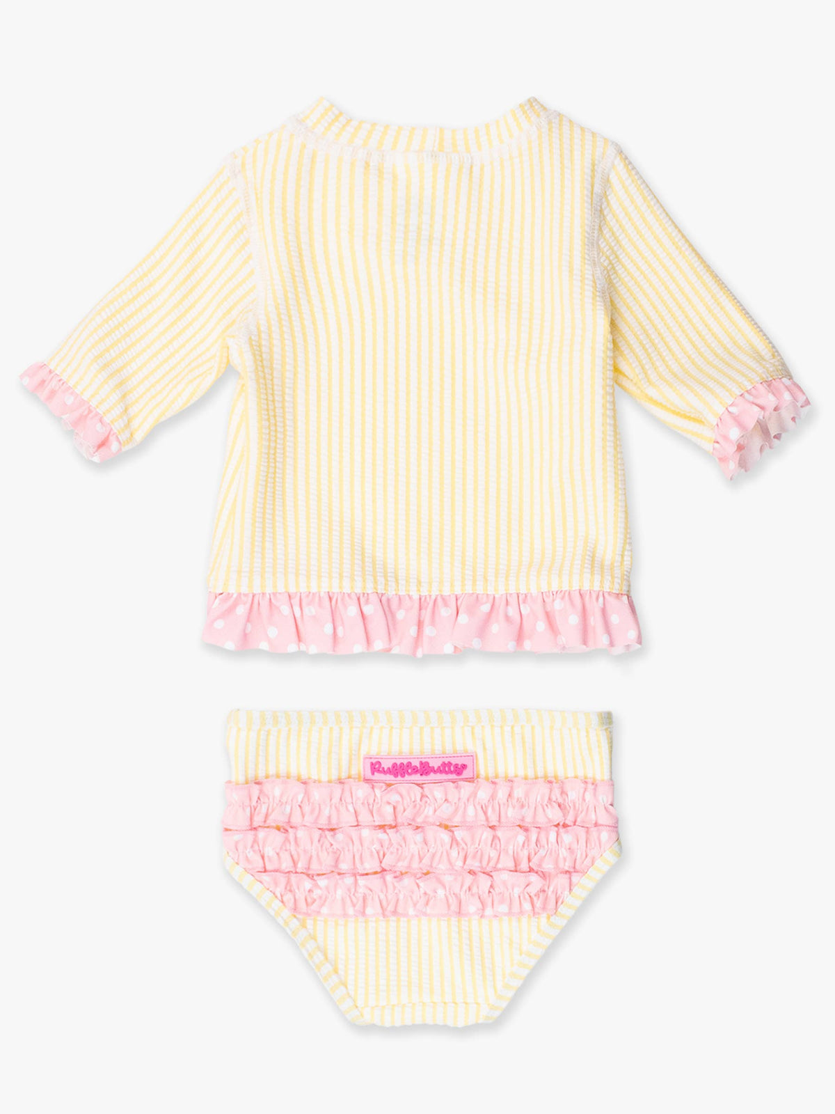 RuffleButts + RuggedButts - Girls Banana Seersucker Short Sleeve Ruffle Rash Guard 2-Piece Swimsuit with Signature Rear Ruffles: Yellow / 6