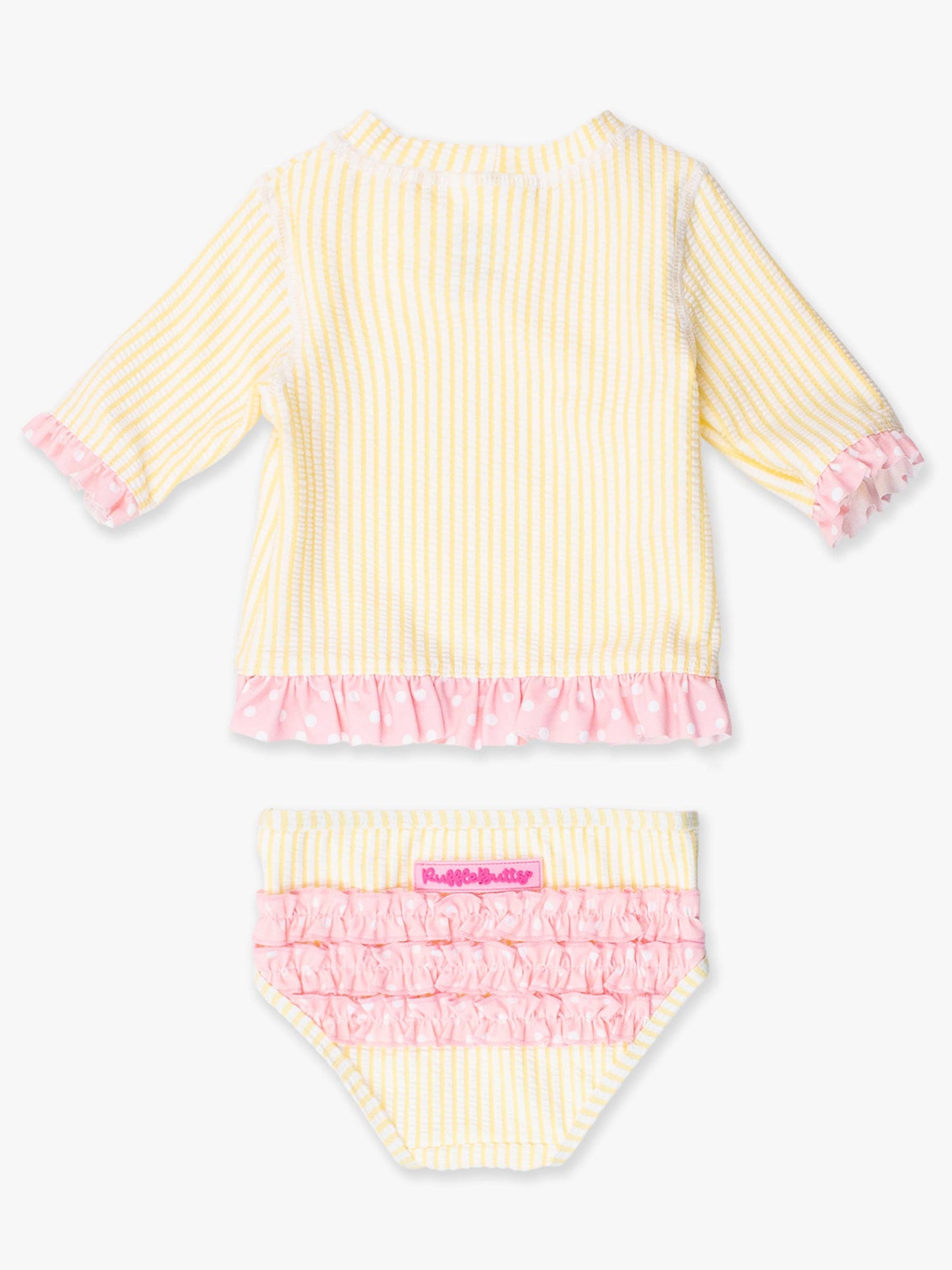 RuffleButts + RuggedButts - Girls Banana Seersucker Short Sleeve Ruffle Rash Guard 2-Piece Swimsuit with Signature Rear Ruffles: Yellow / 6