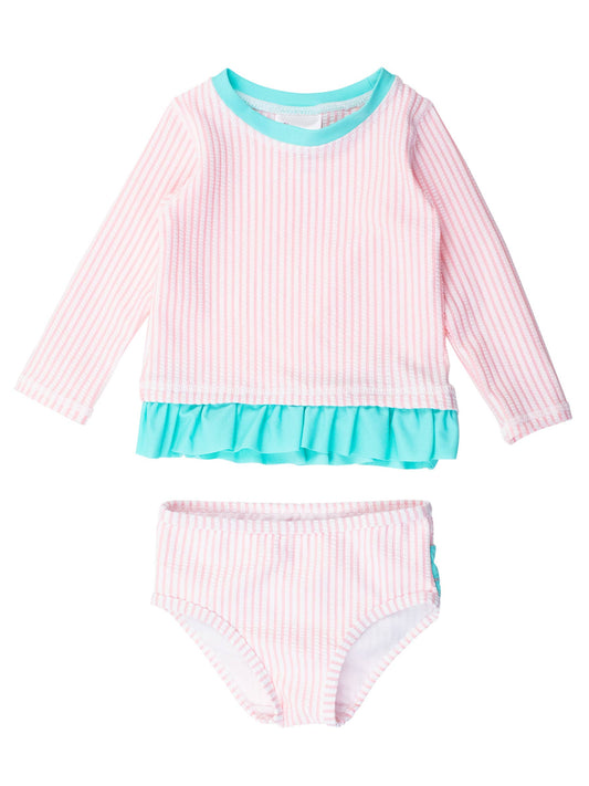 RuffleButts + RuggedButts - Girls Pink Seersucker Long Sleeve Rash Guard 2-Piece Swimsuit with Signature Rear Ruffles: Pink / 6