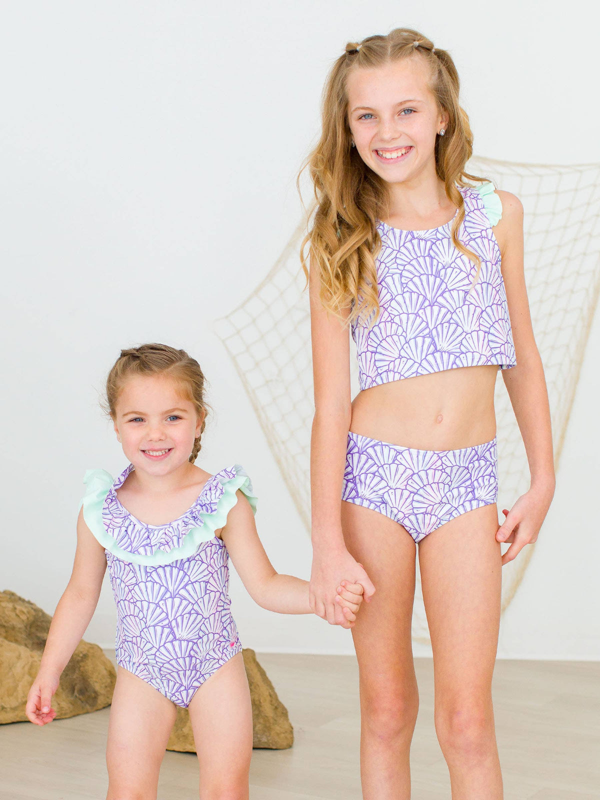 RuffleButts + RuggedButts - Girls Magical Mermaid Racerback Flutter Tankini 2-Piece Swimsuit: Purple / 5