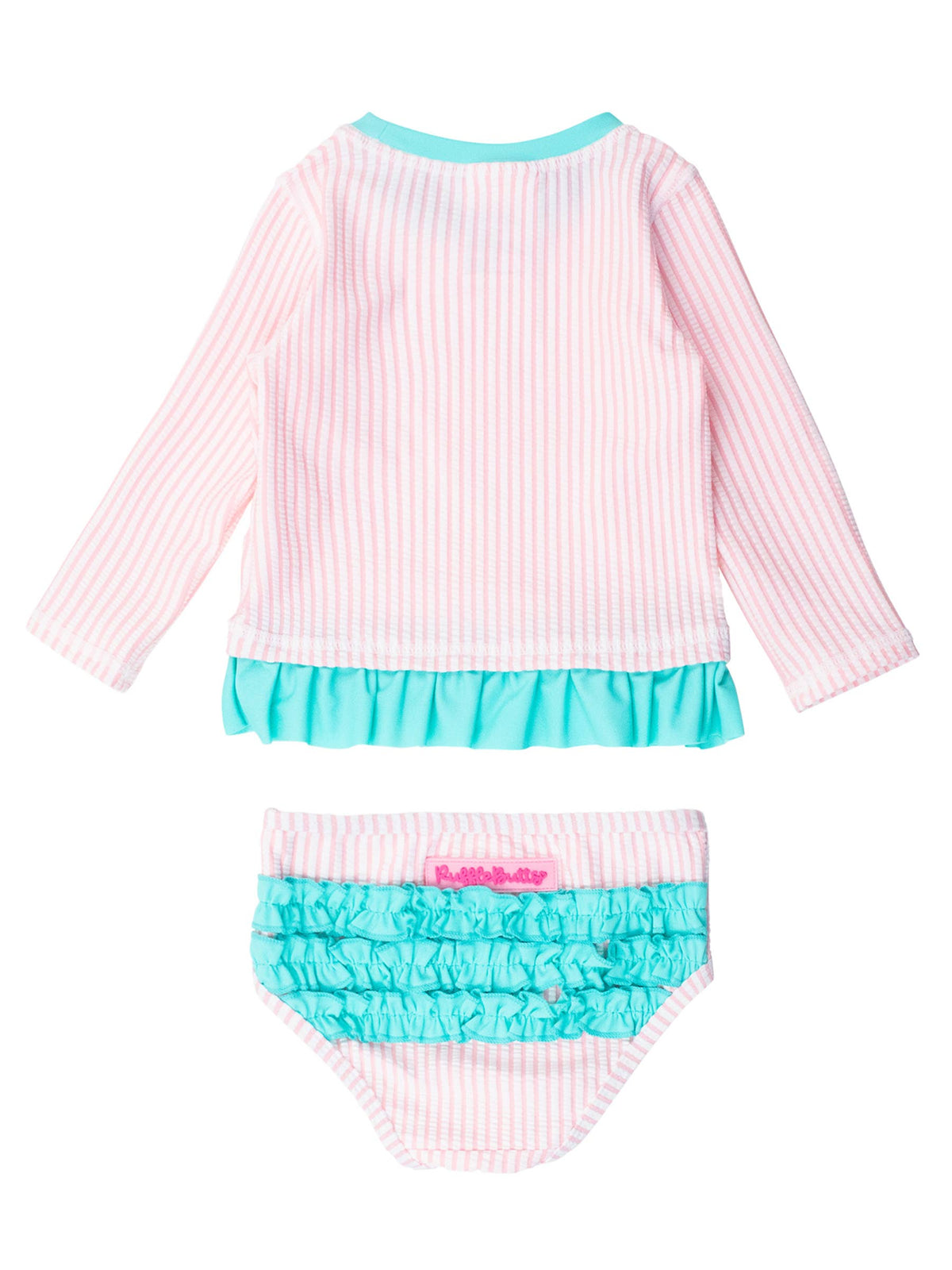 RuffleButts + RuggedButts - Girls Pink Seersucker Long Sleeve Rash Guard 2-Piece Swimsuit with Signature Rear Ruffles: Pink / 6