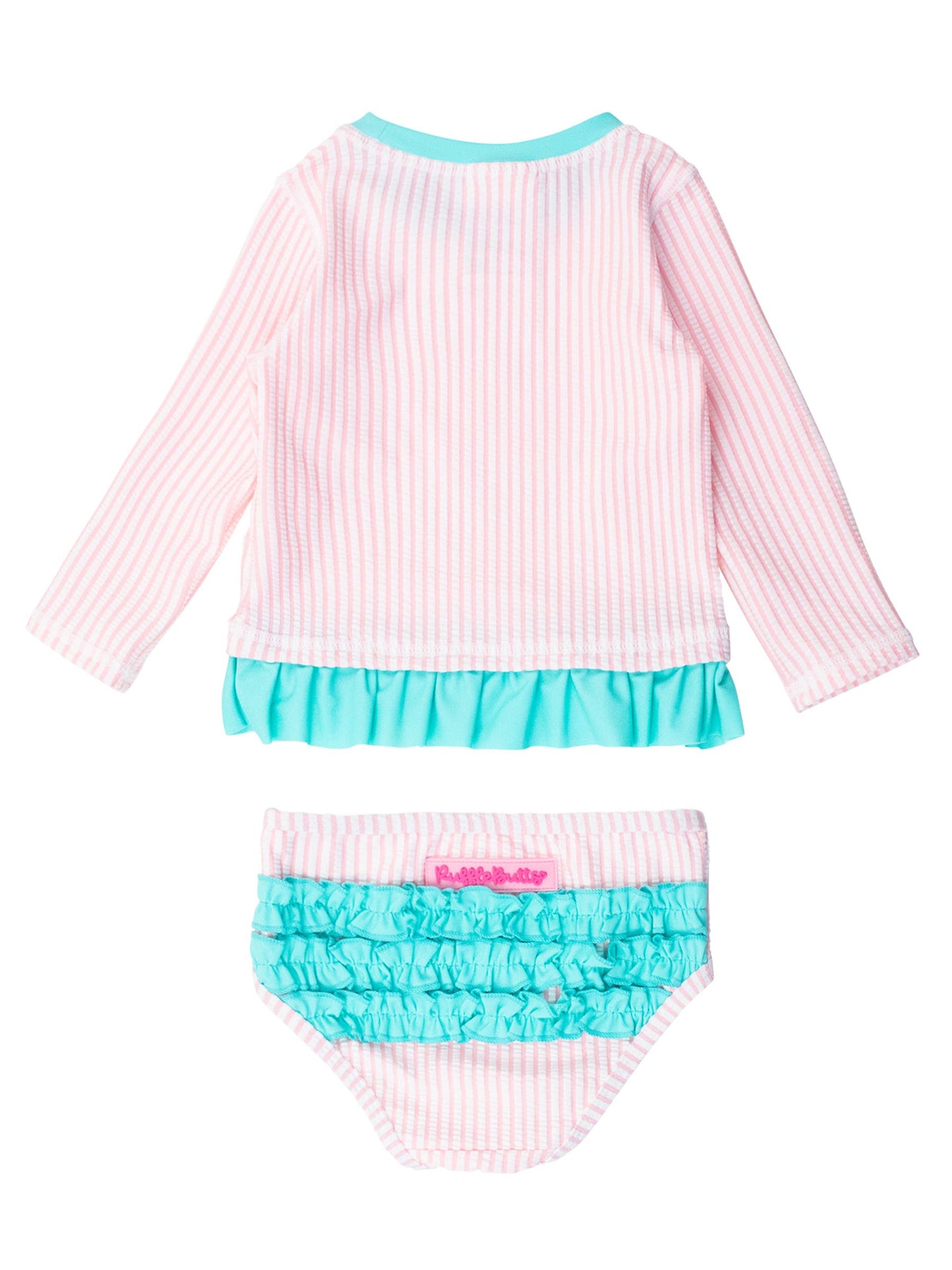 RuffleButts + RuggedButts - Girls Pink Seersucker Long Sleeve Rash Guard 2-Piece Swimsuit with Signature Rear Ruffles: Pink / 6