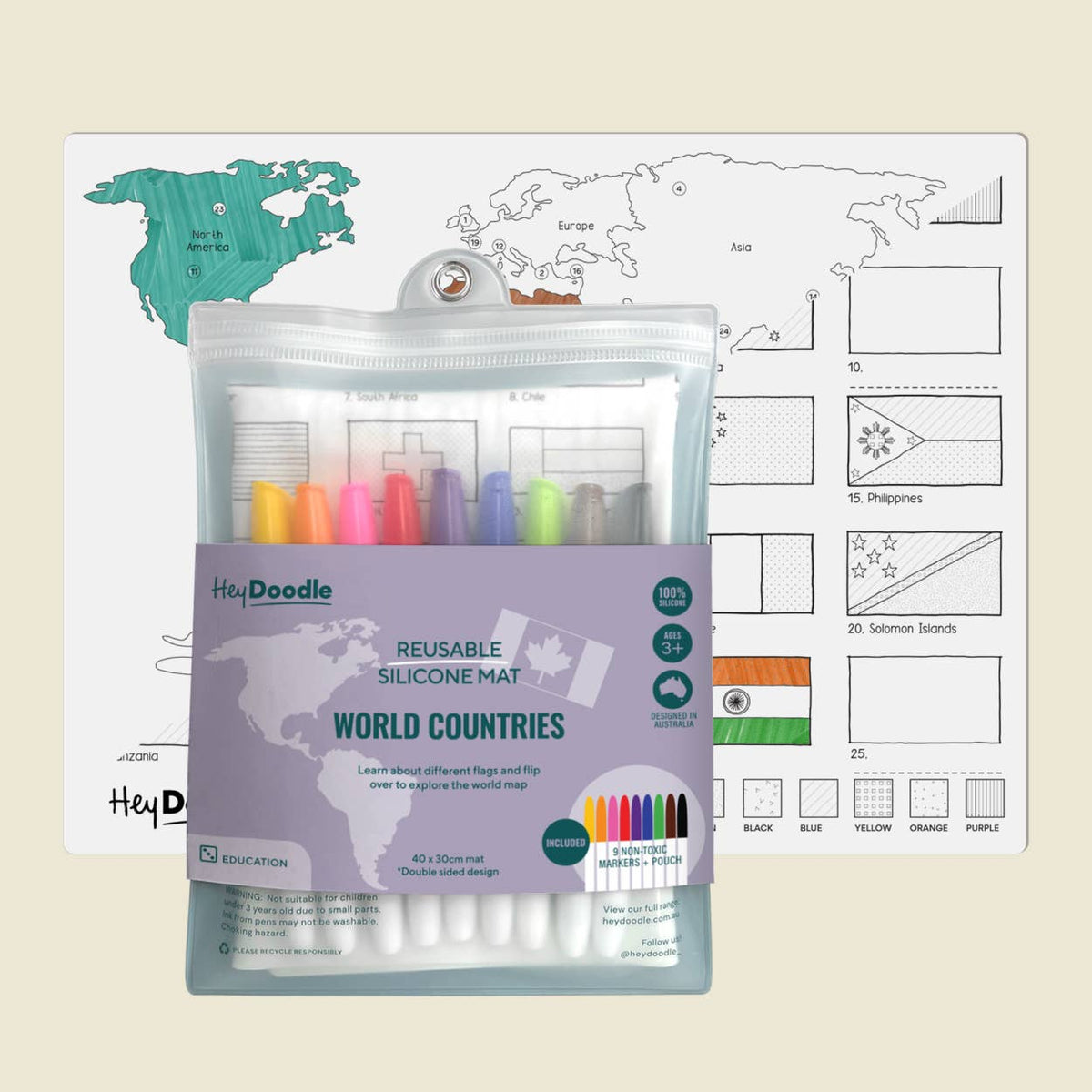 HeyDoodle - World Countries Classic Coloring & Doodle Mat