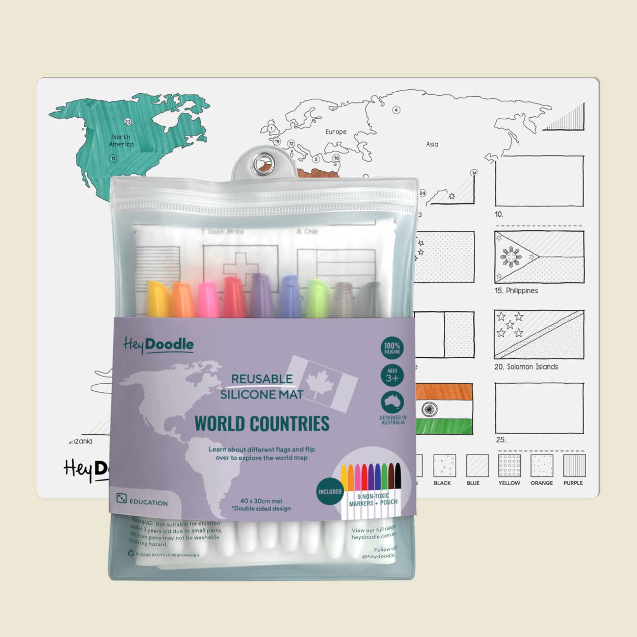 HeyDoodle - World Countries Classic Coloring & Doodle Mat