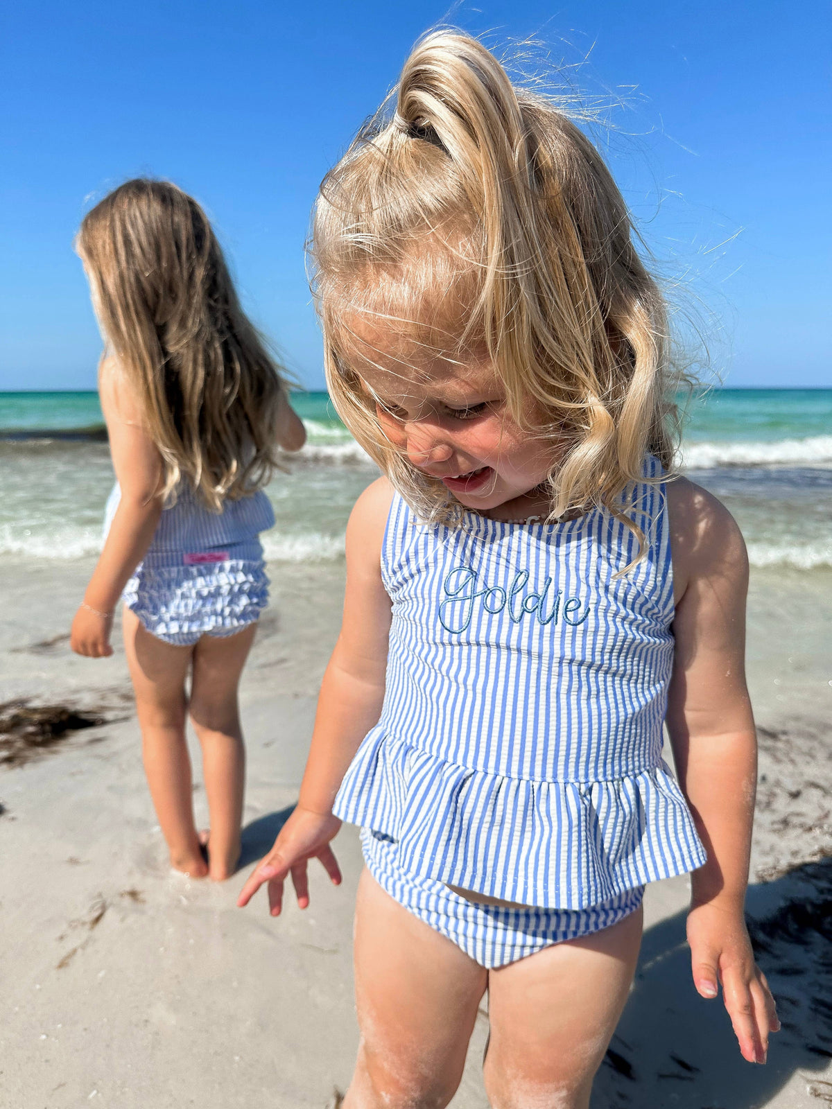 RuffleButts + RuggedButts - Girls Periwinkle Blue Seersucker Peplum Tankini 2-Piece Swimsuit with Signature Rear Ruffles: 3T
