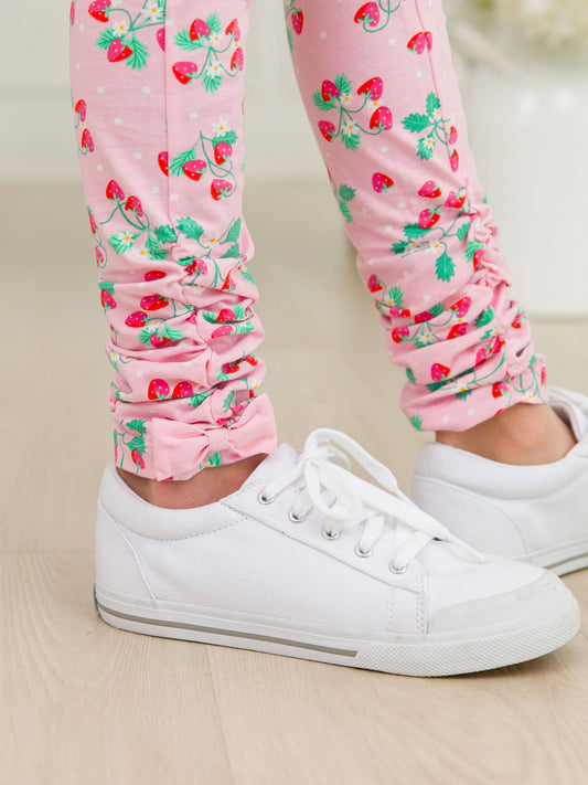 RuffleButts + RuggedButts - Girls Sweet As Strawberries Ruched Bow Leggings: Pink / 7