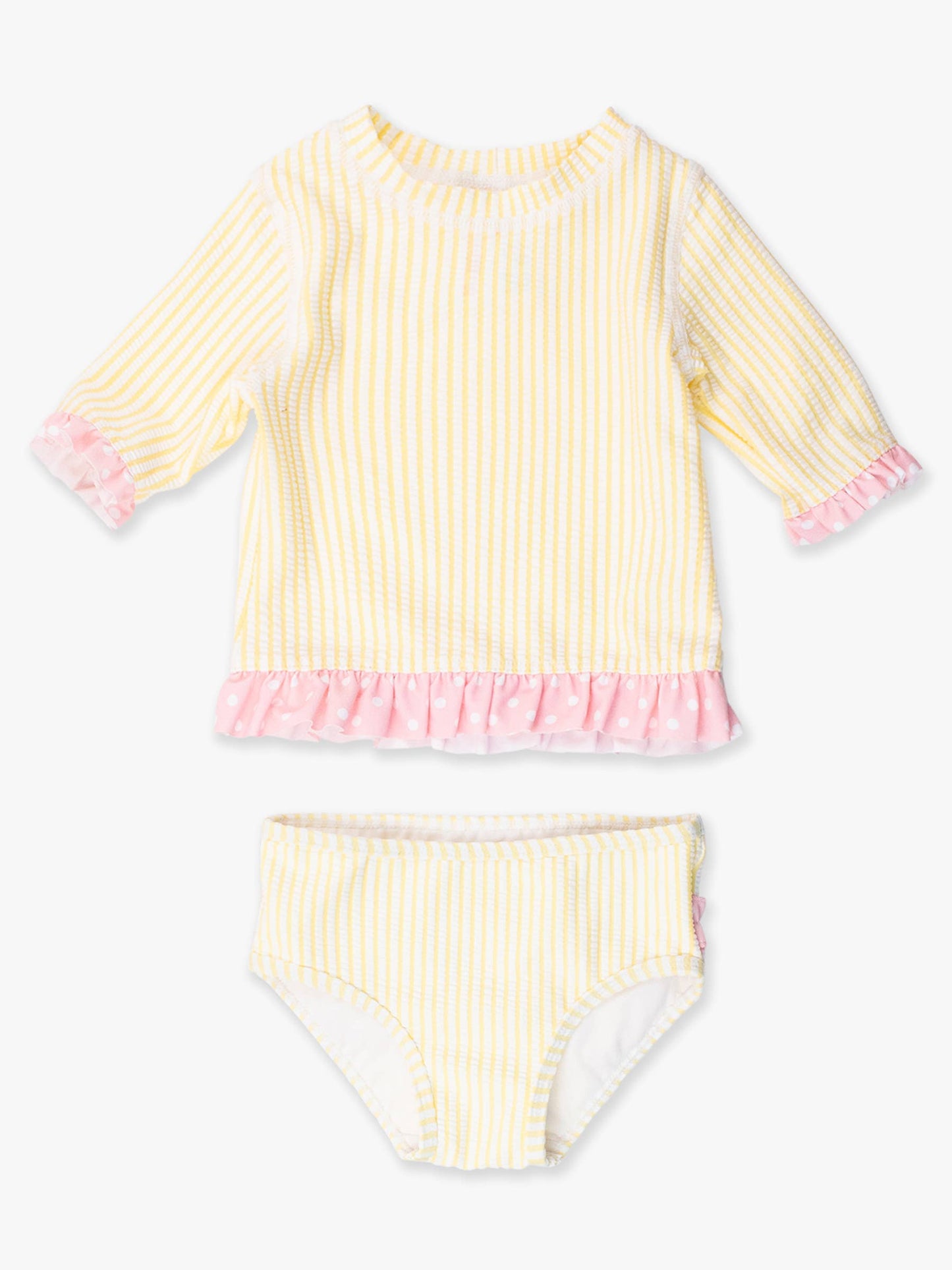 RuffleButts + RuggedButts - Girls Banana Seersucker Short Sleeve Ruffle Rash Guard 2-Piece Swimsuit with Signature Rear Ruffles: Yellow / 6