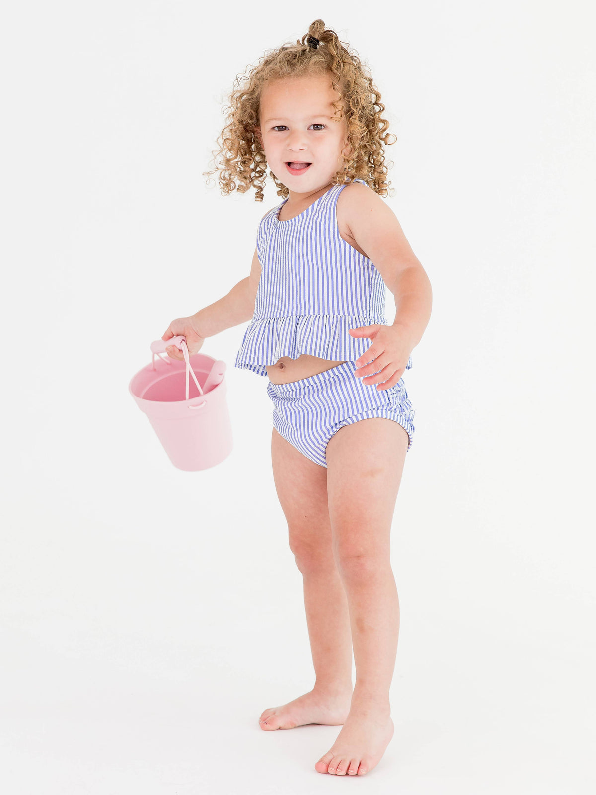 RuffleButts + RuggedButts - Girls Periwinkle Blue Seersucker Peplum Tankini 2-Piece Swimsuit with Signature Rear Ruffles: 3T