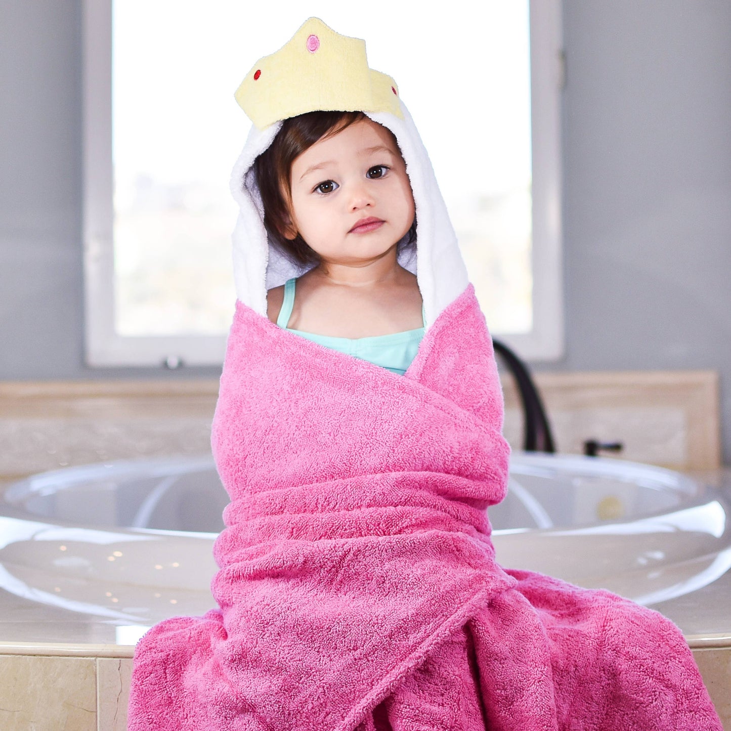 Yikes Twins - Pink Princess hooded towel for toddlers ages 2 to 8 years